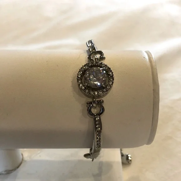 Rhinestone center stone silver tone bracelet. Well made channel set detail - Picture 2 of 7